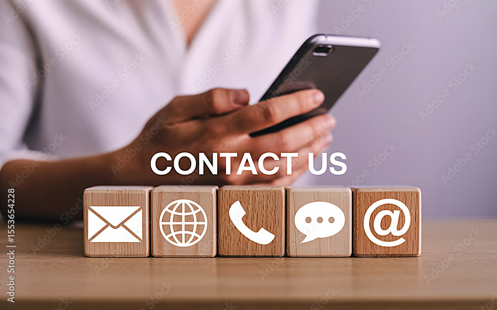 Poster connect with confidence: person engaged on their phone and illustrative icons representing various c