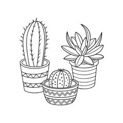 "Line Art Drawing of Potted Cactus and Succulent Plants – Minimalist Vector Illustration in EPS Format"

