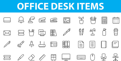 Office Desk Items Line Icons,  Laptop, Notebook, Pen, Calendar, Coffee Mug, File Folders, Monitor, Desk Lamp, and More , Editable Formats: AI, EPS, JPG, PNG ,  Ideal for Both Digital and Print Use
