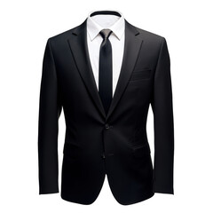 Classic black suit with white shirt and black tie isolated on transparent background