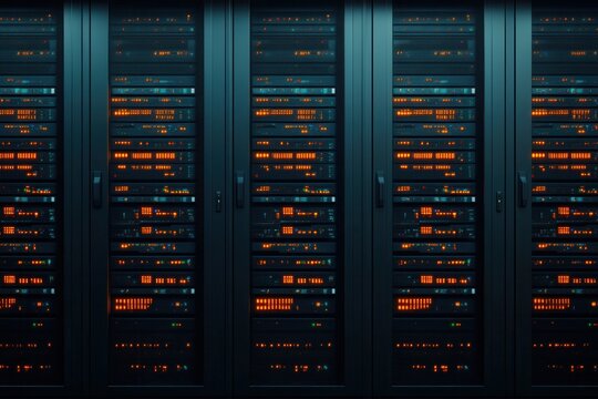 Panoramic view of an industrial Bitcoin mining farm with organized machines and vibrant status lights