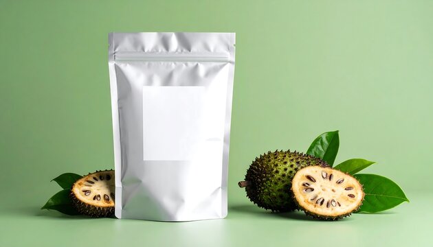 Matte Foil Pouch Mockup With Blank Label Next to Soursop Fruit On Green Backdrop