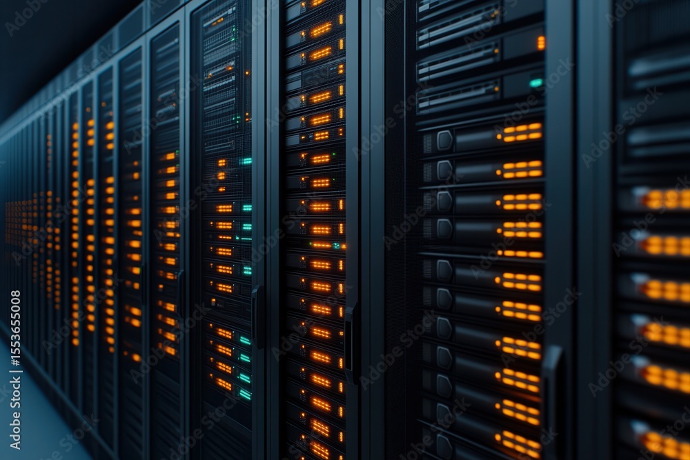 Poster panoramic view of a large-scale bitcoin mining farm with organized racks and glowing machines in a d