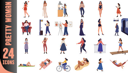 Diverse women engaging in various activities in colorful icons  