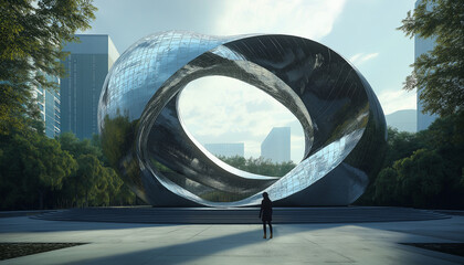 AI generator image of Dramatic monochrome architectural photography Futuristic building exterior Image Futuristic architecture with bentwood structures and fluid Parametric Curve Roof Design