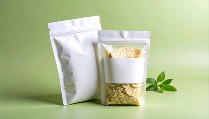 Matte Pouch Mockup with Transparent Stripe and Rice Crackers on Green Background
