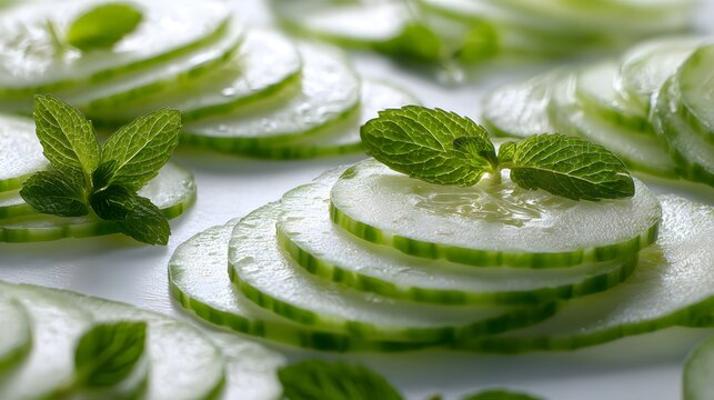Detailed macro photography of arranged cucumber slices with vibrant mint leaves on a pristine white background highlighting texture and simplicity in culinary art