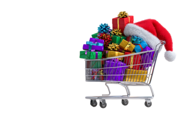 Christmas shopping cart full of gifts and Santa hat