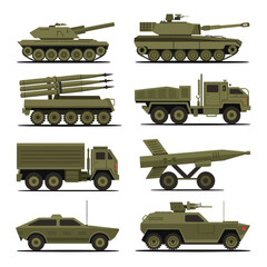 Collection of military vehicles including tanks missile launchers trucks and aircraft