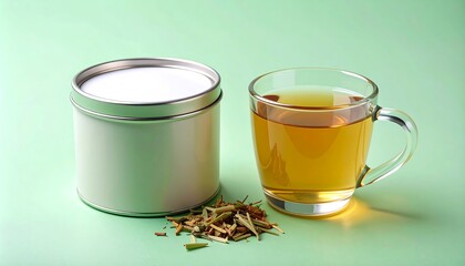Matte Tea Tin Beside A Clear Teacup Of Steeped Tea With Green Backdrop
