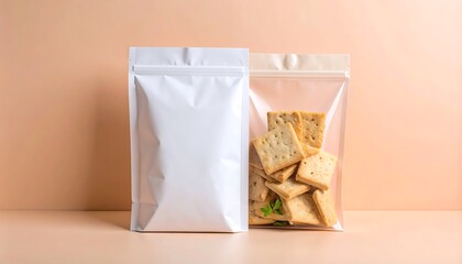 Matte White And Transparent Snack Bags Filled With Tofu Crackers On Peach Background