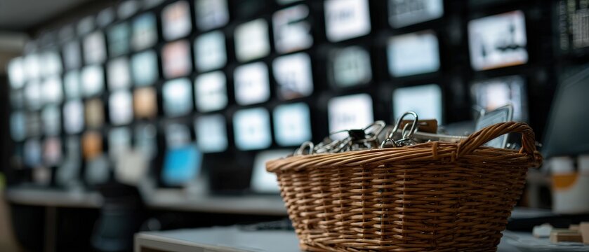 Wicker basket filled with keys in a control room with multiple monitors displaying data, representing security and surveillance Concept of monitoring, access, and information