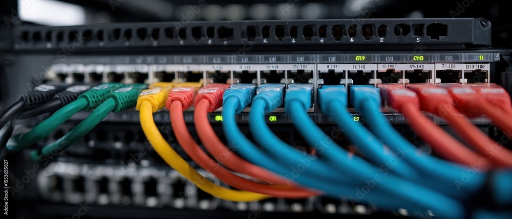 Poster closeup of colorful ethernet cables plugged into a network switch, showcasing data center connectivi