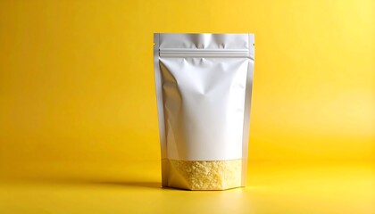 Matte White Foil Pouch Of Cornstarch With Blank Label Against Yellow Backdrop