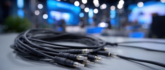 Closeup of Black Coaxial Cables with BNC Connectors on a Table at a Trade Show, Emphasizing Technology and Connectivity