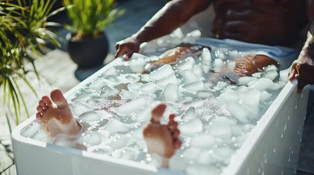Muscular Black man immerses in outdoor ice bath pod for post-workout recovery. Cold therapy supports muscle healing, reduces inflammation, and boosts endurance and vitality.