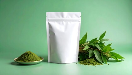 Matte White Pouch Mockup Beside Neem Leaf Powder Bundle on Green Backdrop