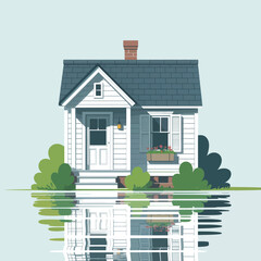 Charming white cottage with blue roof reflected in calm water