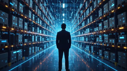 Man in suit stands in futuristic digital warehouse amidst glowing data streams and shelves of boxes