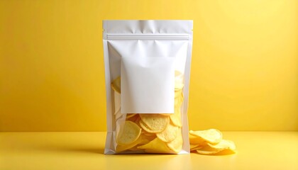 Matte White Pouch with Transparent Window and Cassava Chips on Yellow Background