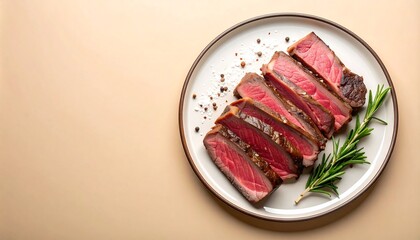 Medium Rare Grilled Wagyu Steak Slices on Ceramic Plate with Rosemary Sprig on Beige Backdrop