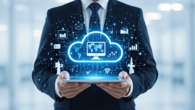 Businessman holding a tablet displaying a glowing cloud computing interface with digital data and network connections