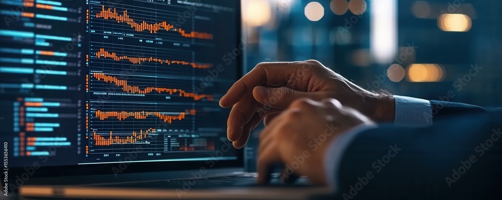 Poster professional business analyst performing data analysis on computer in modern office environment