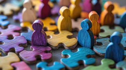 Colorful wooden figures represent diverse people connecting on jigsaw pieces. Teamwork, diversity concept visualizes HR strategies for inclusive workplace cultures. Different colored figures connect