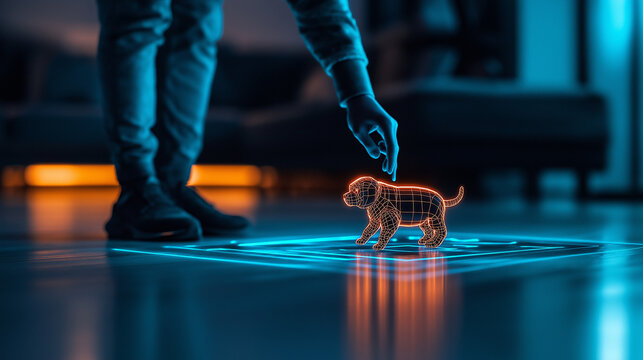AI generator images of Holographic polygon 3d dog illustration, Futuristic augmented reality holographic projection polygon dog 3d digital background holographic dog in front of glowing lights. Concep - Powered by Adobe