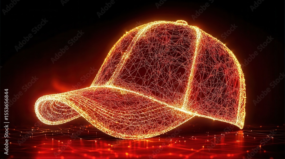 Poster abstract glowing baseball cap design made of interconnected lines and nodes on dark background