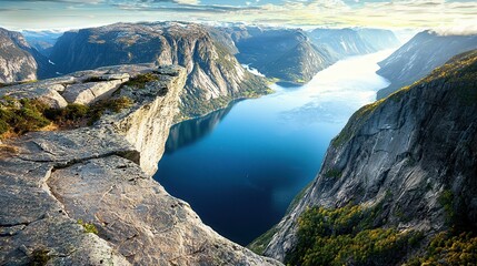 Obraz premium Breathtaking view from Preikestolen rock overlooking Lysefjord in Norway during a clear day