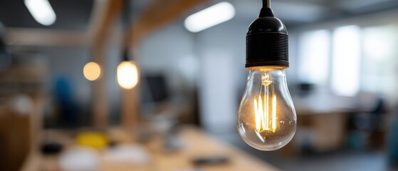 Glowing Edison bulb in modern office space, illuminating creative workspace Concept of innovation, inspiration, and energy efficiency in business
