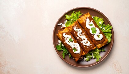 Mexican Enchiladas With Mole Sauce Sour Cream And Shredded Lettuce On Plate