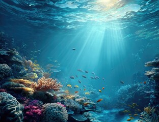 Fototapeta premium Underwater coral reef scene. Sunlight beams through water