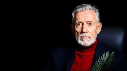 Obraz premium Serious senior man portrait, dark background, plant, office
