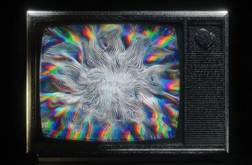 Vintage TV screen displays distorted, colorful, abstract image