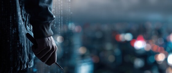 Anonymous hooded hacker holding a pen, standing against a blurred cityscape at night Concept of cybercrime, data breach, and digital security threat