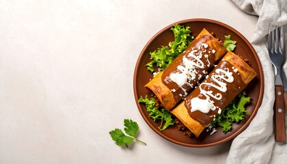 Mexican Enchiladas With Mole Sauce Sour Cream and Lettuce On Plate