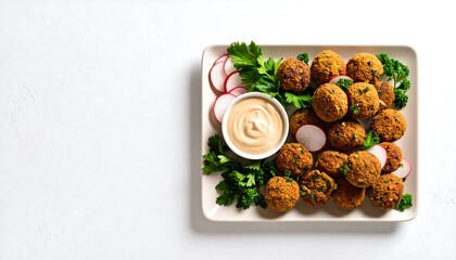 Middle Eastern Falafel Balls with Tahini Sauce Radish and Parsley on a White Plate
