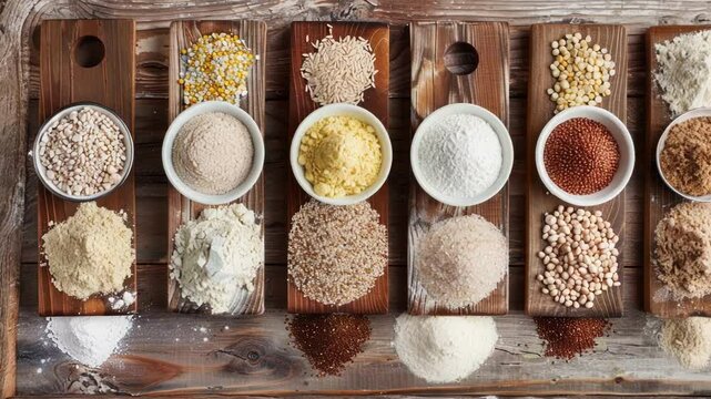 Gluten free flours and grains are laying on rustic wooden boards, creating a beautiful flat lay pattern with a variety of textures and colors