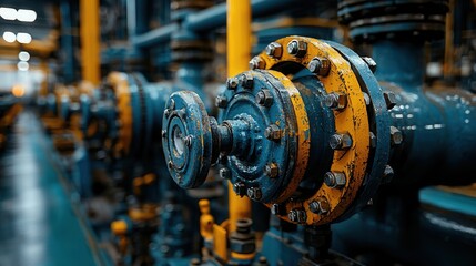 Close-up view of industrial valves and pipes showcasing engineering precision in a manufacturing facility
