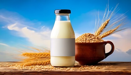 Milk Bottle Mockup with Cereal Grains and Ceramic Cup Against Blue Sky