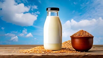 Milk Bottle With Blank Label Near Cereal Grains And Ceramic Cup With Blue Sky Background
