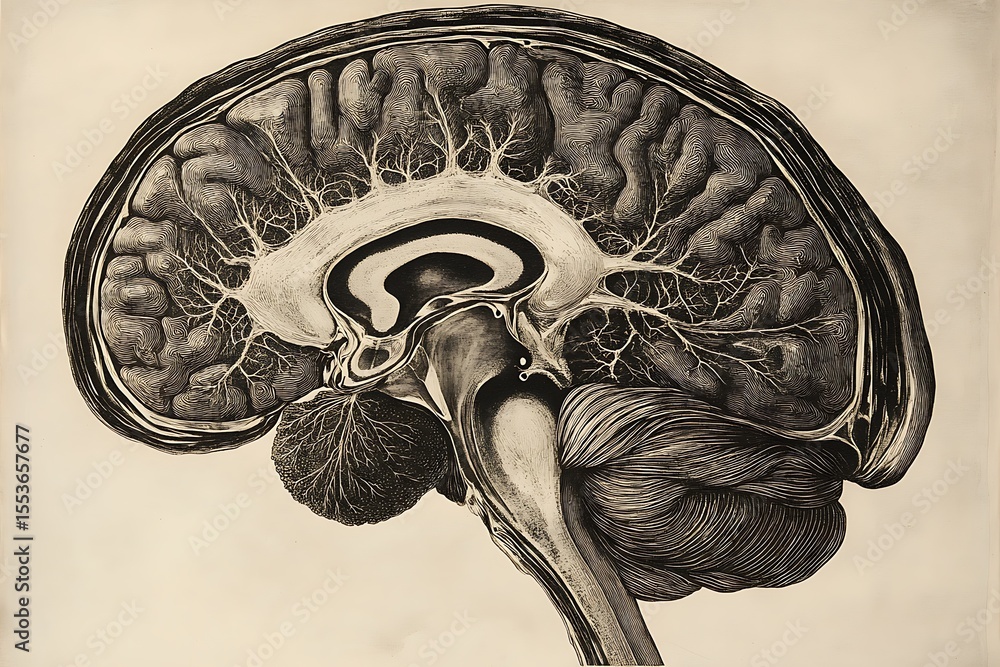 Poster anatomical diagram of the brain showing the structure and function of the thalamus and hypothalamus 