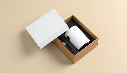 Minimal Candle Snuffer And Pen In Open Cardboard Box With White Lid And Beige Background