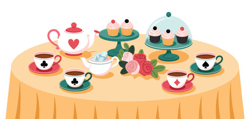 Whimsical alice in wonderland tea party with cupcakes teacups and roses