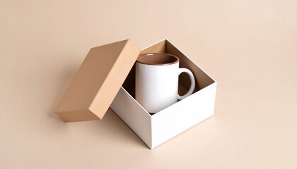 Minimal Ceramic Mug Mockup In White Box On Beige Surface Isolated Shot