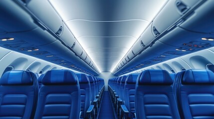 Empty airplane cabin seats. Interior design. Blue seats arrangement. Travel, business, vacation. Airplane cabin interior. Comfortable travel experience. Modern design, overhead storage