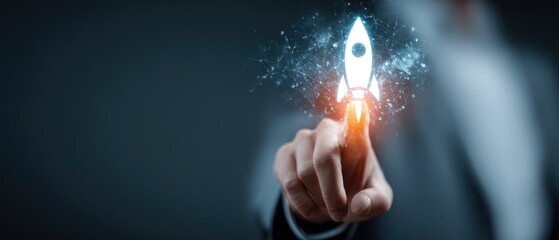 Hand pointing at a digital rocket launch graphic