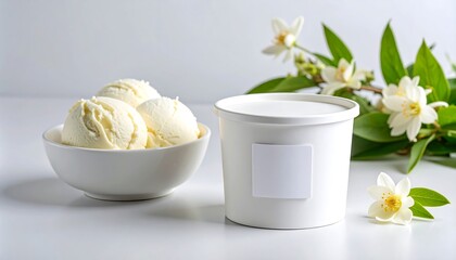 Minimalist Arrangement Of Ice Cream With A White Tub Mockup And Floral Elements